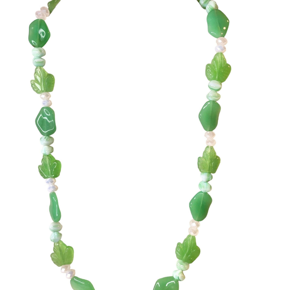 Handcrafted Beaded Necklace Green Beads with Leaves Spring White Jewelry NEW