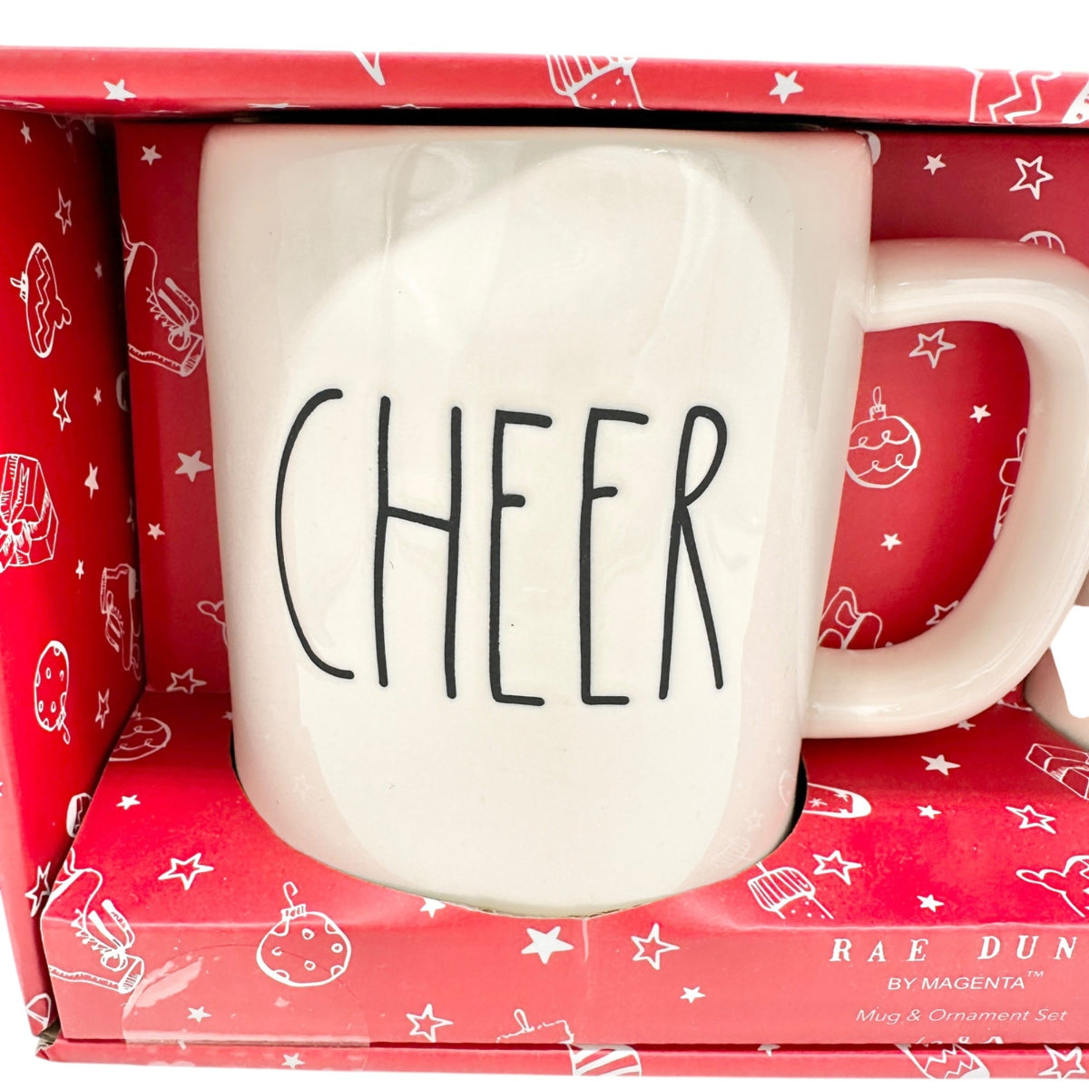 Rae Dunn CHEER Mug and Ornament Set In Festive Holiday Gift Box with Gift Tag