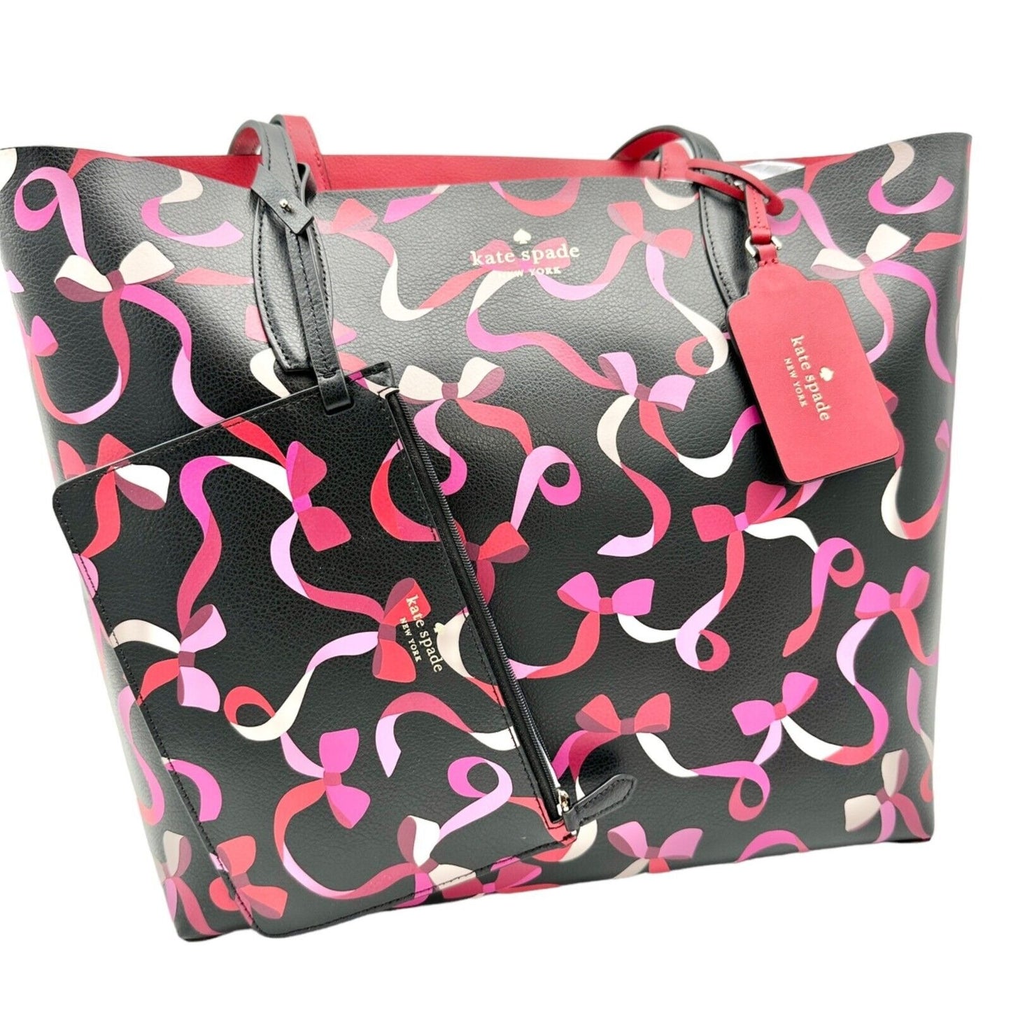 Kate Spade NY Tote Bag Black Pink Wrapping Party Design With Pouch Leather NEW