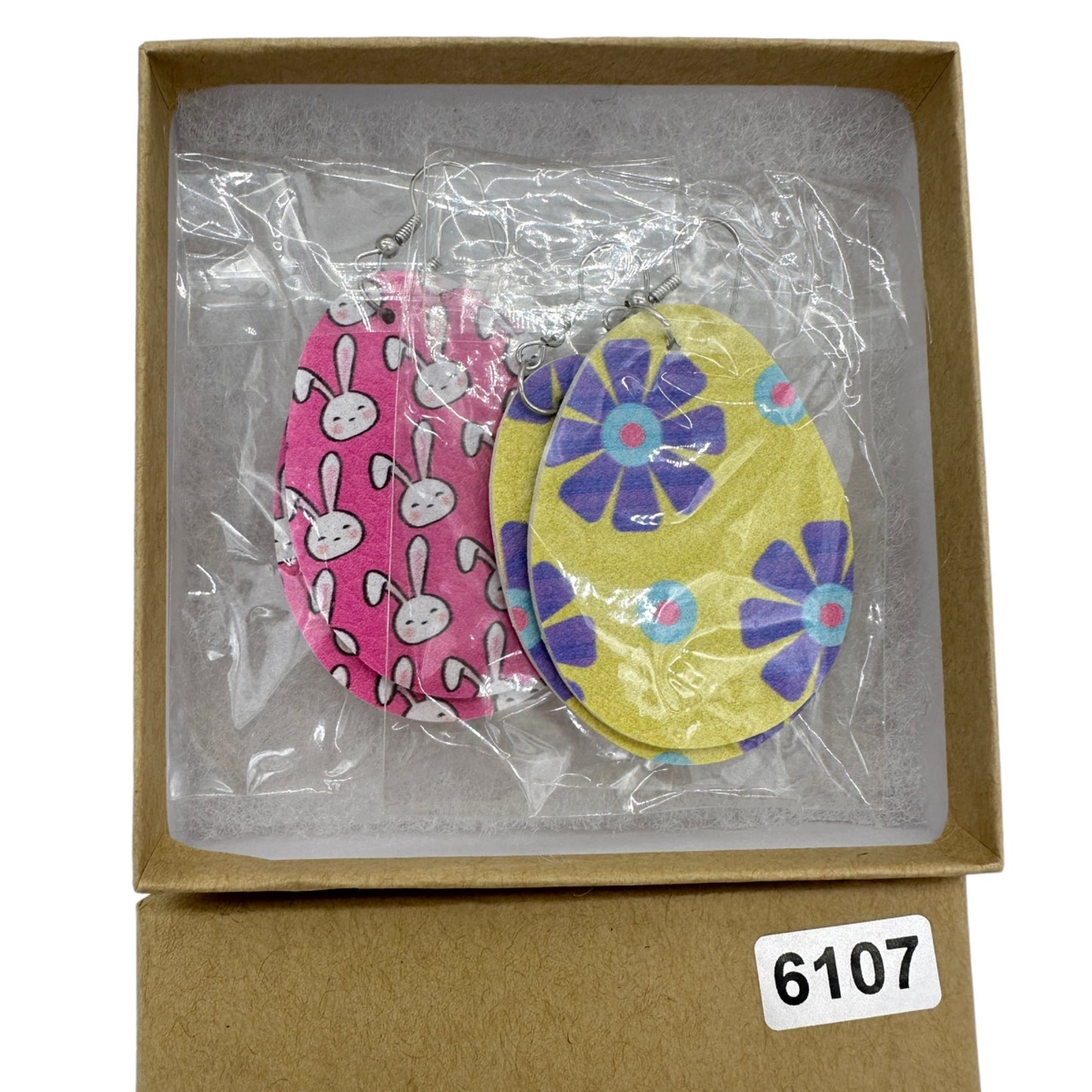 Two Pairs Easter Egg Earrings White Bunnies on Pink Purple Flowers on Yellow