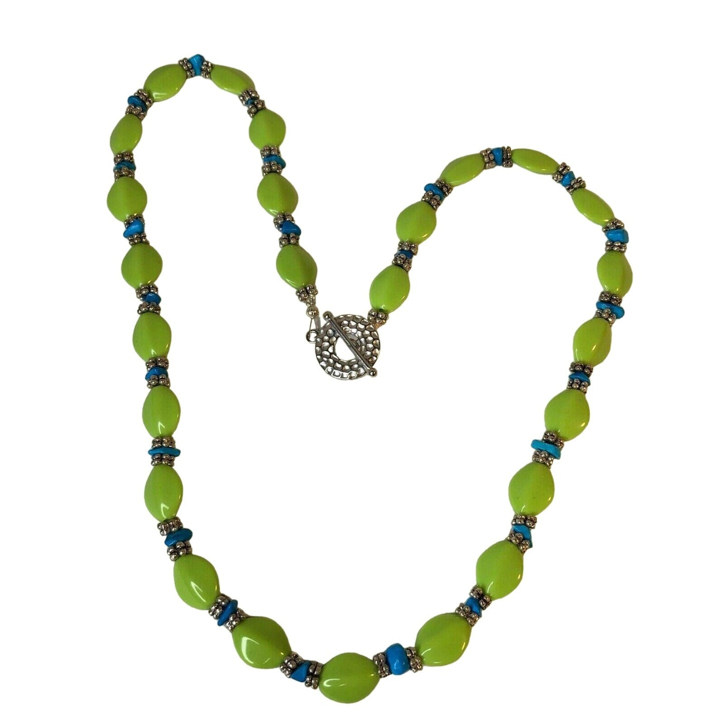 Handcrafted Lime Green & Blue Beaded Necklace With Toggle Clasp