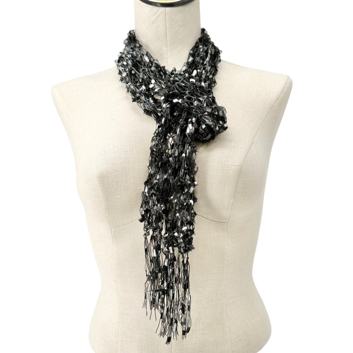 Loosely Knit Scarf Black Gray With Fringe Ends Textured Lightweight 67" x 3.5"