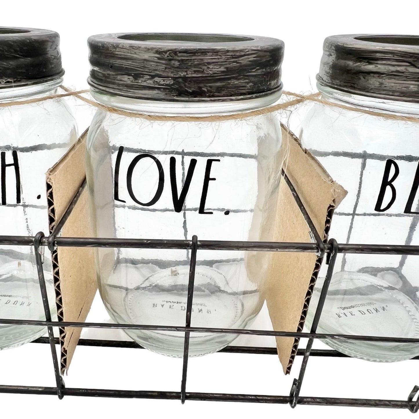 Rae Dunn Home Essentials 3 Glass Jars in Wire Basket Set CHERISH LOVE BLESSED