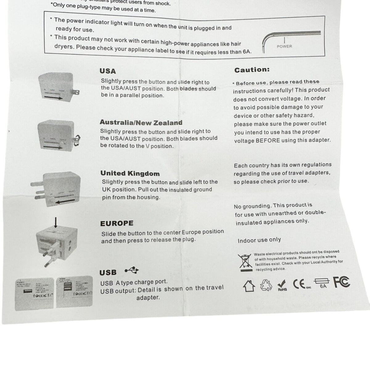 Multi-Nation Travel Adapter with USB Charger Black NEW UK Europe USA Australia