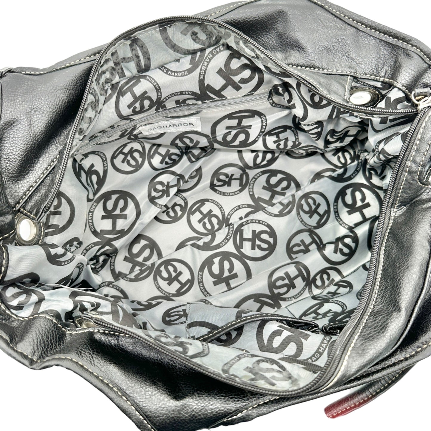 Sag Harbor Handbag Black Faux Leather Double Handles Silver Hardware