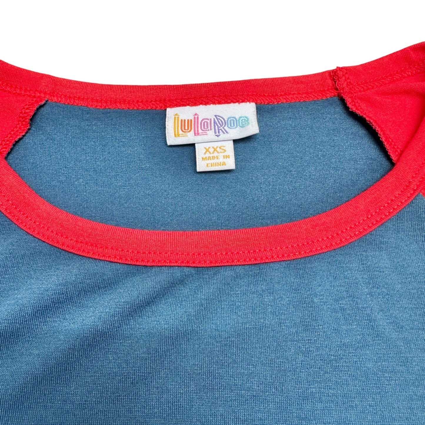 LuLaRoe Retired Julia Dress XXS Blue with Red Raglan SS Form Fitting NWT