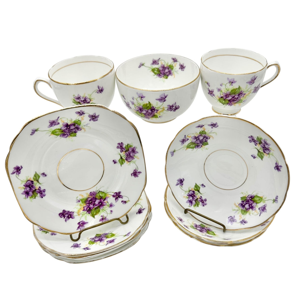 Duchess Bone China Tea Set 2 Teacups 5 Square and 4 Round Saucers 1 Bowl Purple