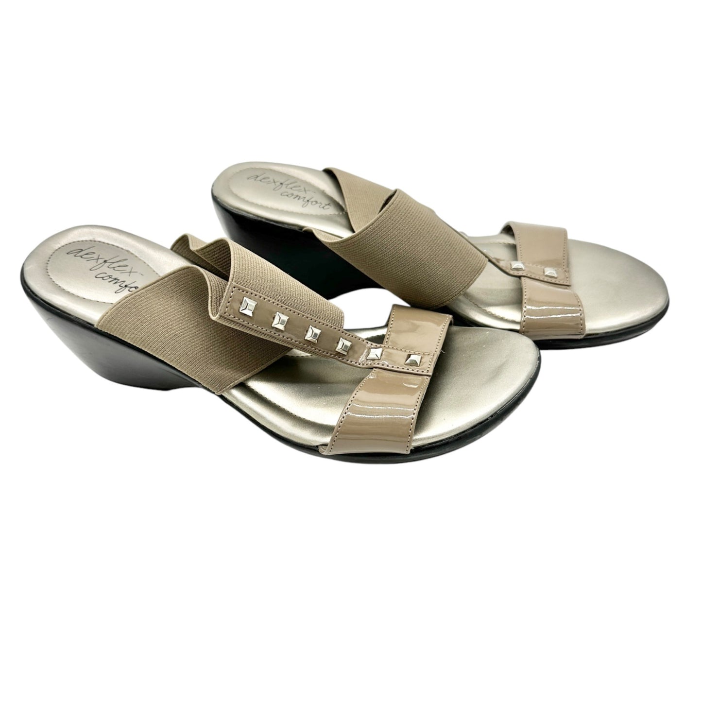 Dexflex Comfort Sandals Size 9 Taupe 2.5 inch Black Wedge Heels Studded Slip On