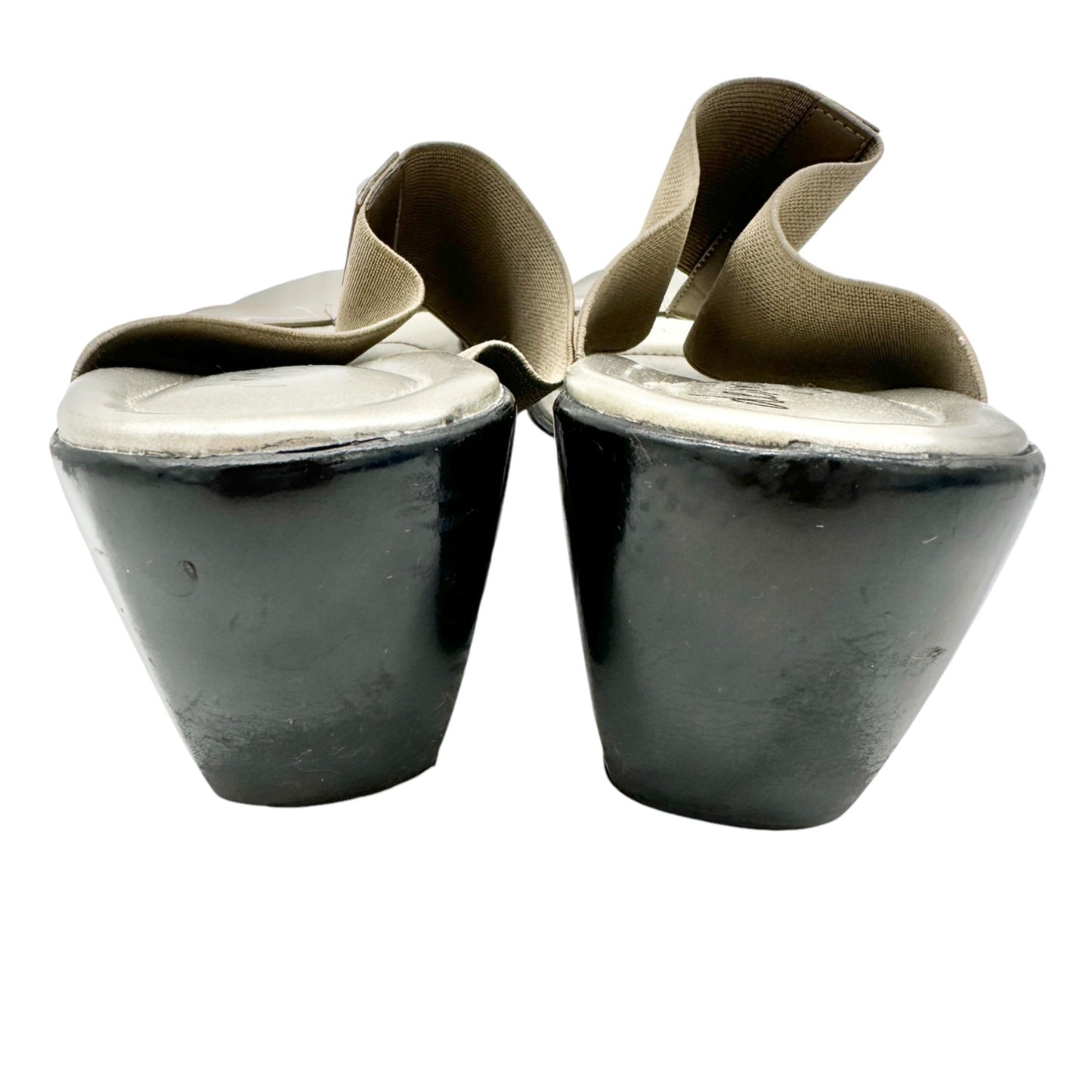 Dexflex Comfort Sandals Size 9 Taupe 2.5 inch Black Wedge Heels Studded Slip On