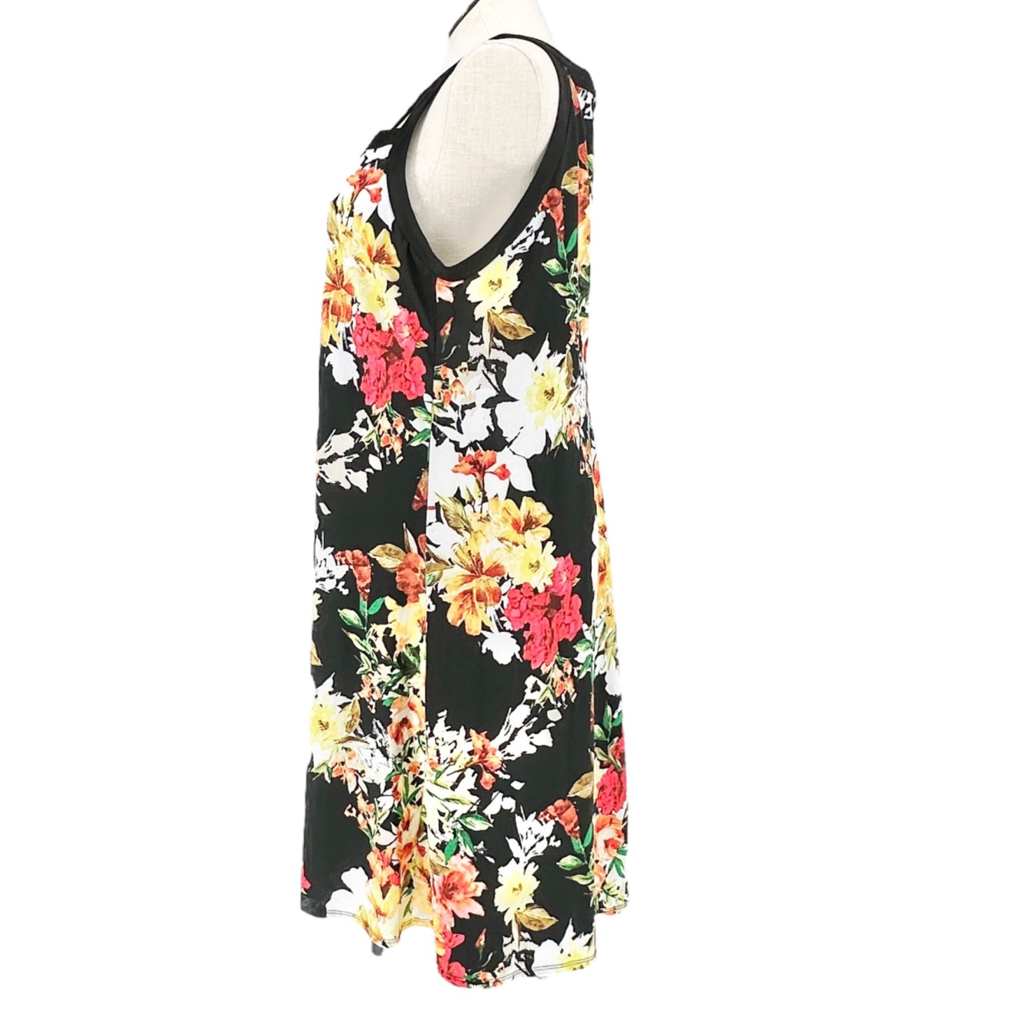 New Directions Dress Womens 1X Black Orange Yellow Flowers Sleeveless Midi EUC
