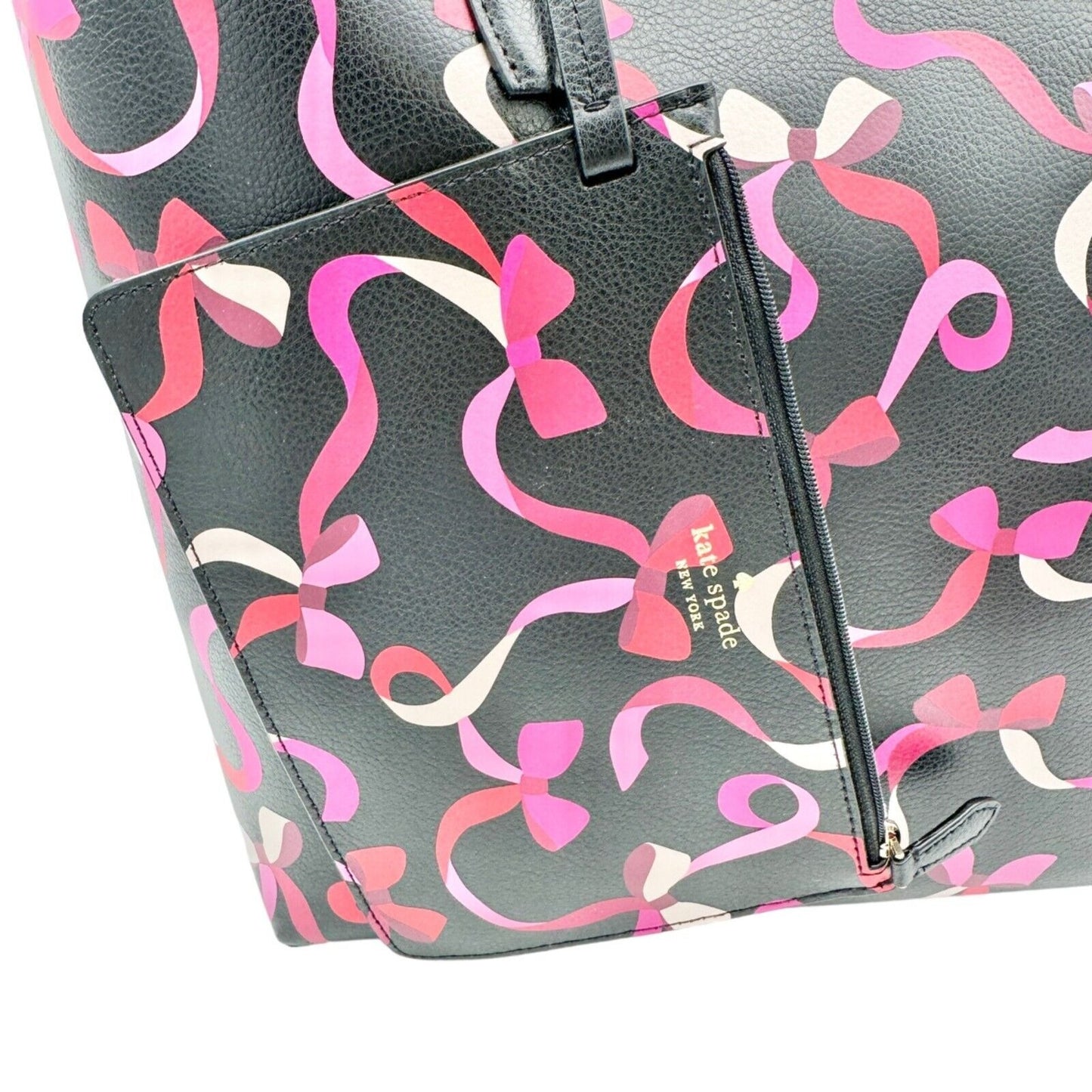 Kate Spade NY Tote Bag Black Pink Wrapping Party Design With Pouch Leather NEW