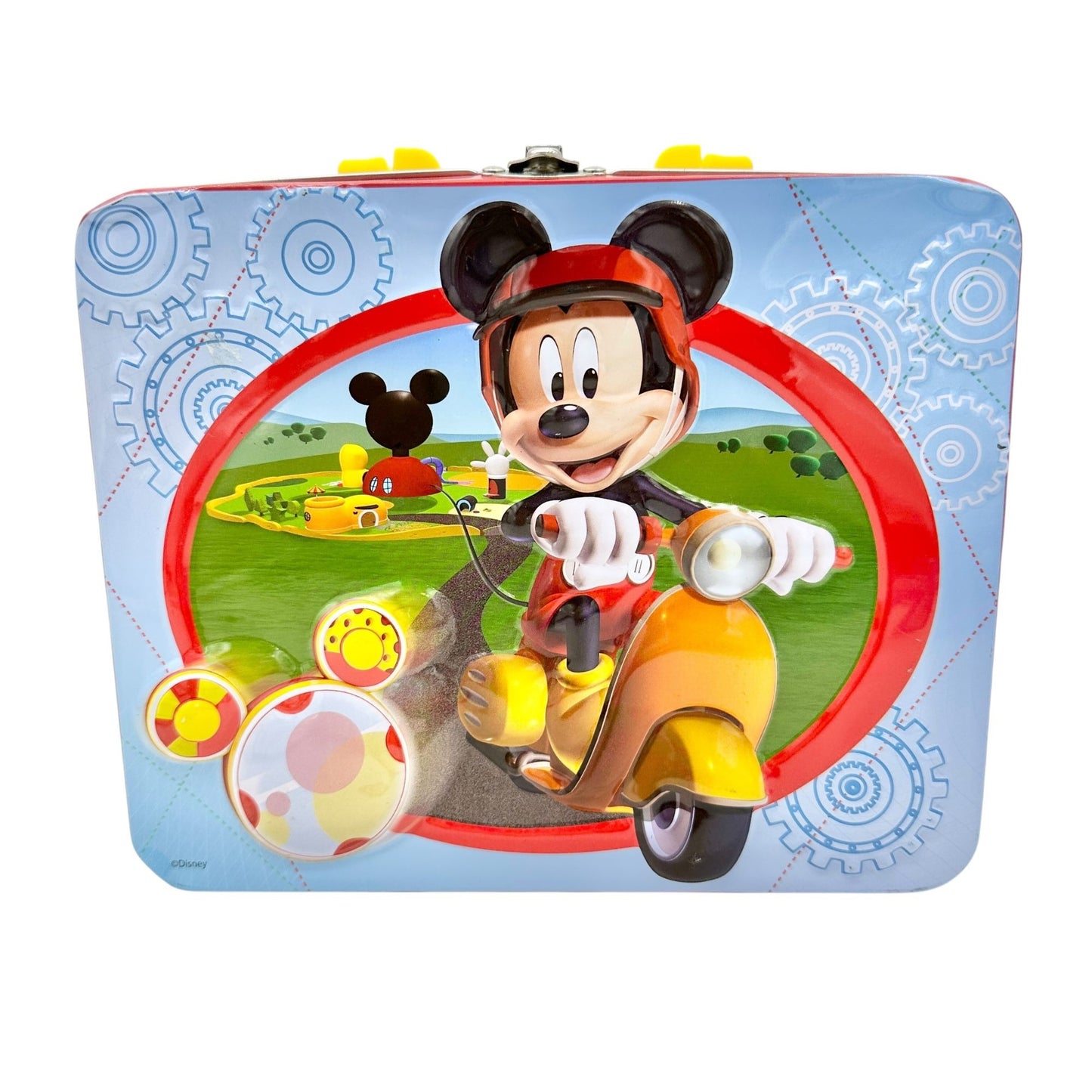 Mickey Mouse Metal Lunch Box Red Blue Yellow Plastic Handle 8x6x3 Scooter Disney