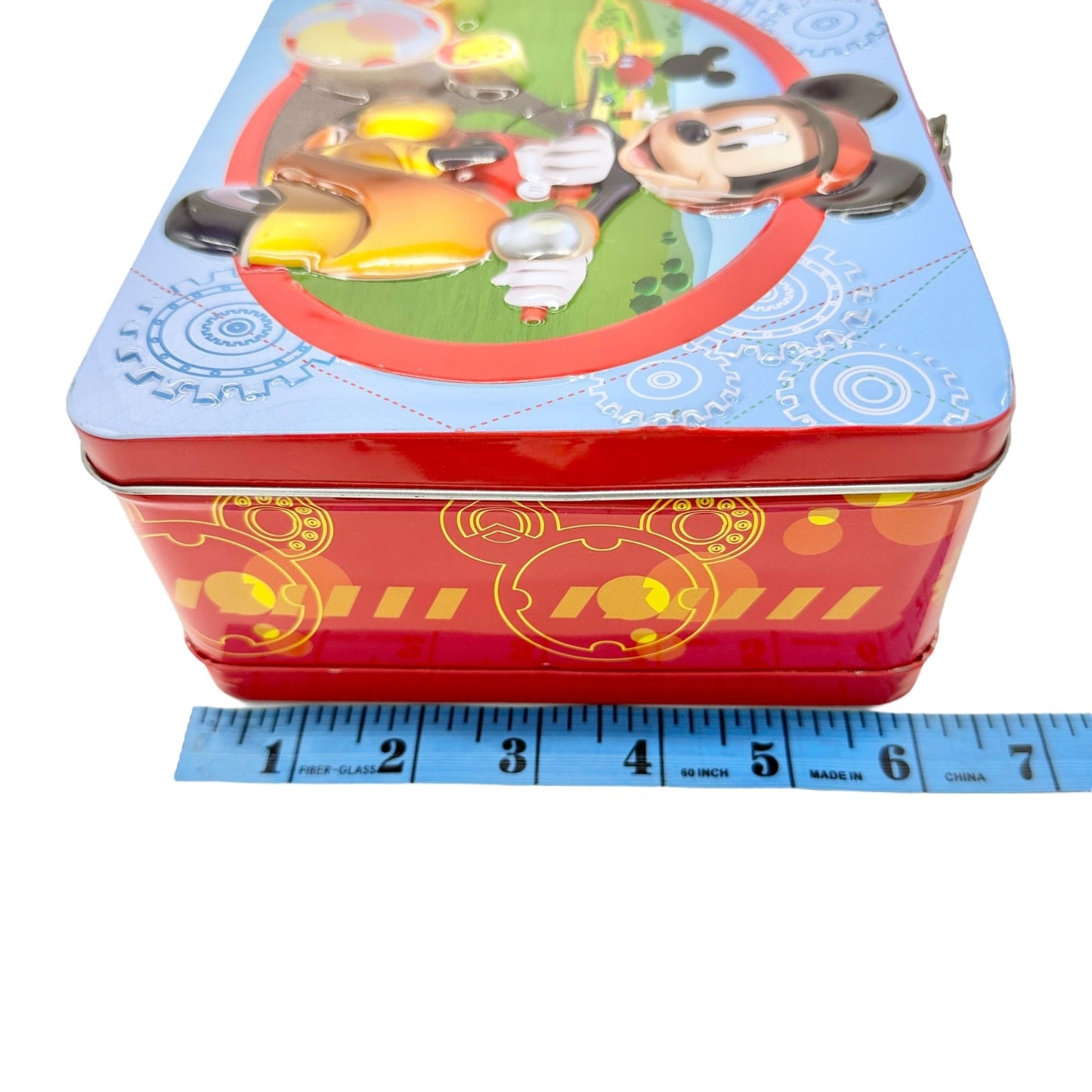 Mickey Mouse Metal Lunch Box Red Blue Yellow Plastic Handle 8x6x3 Scooter Disney
