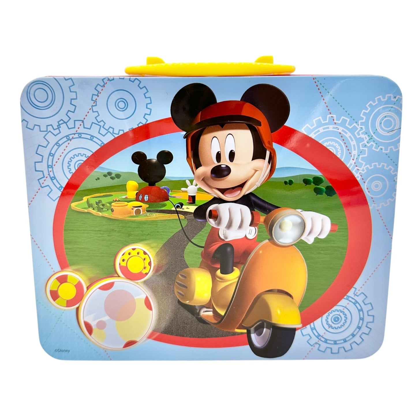 Mickey Mouse Metal Lunch Box Red Blue Yellow Plastic Handle 8x6x3 Scooter Disney