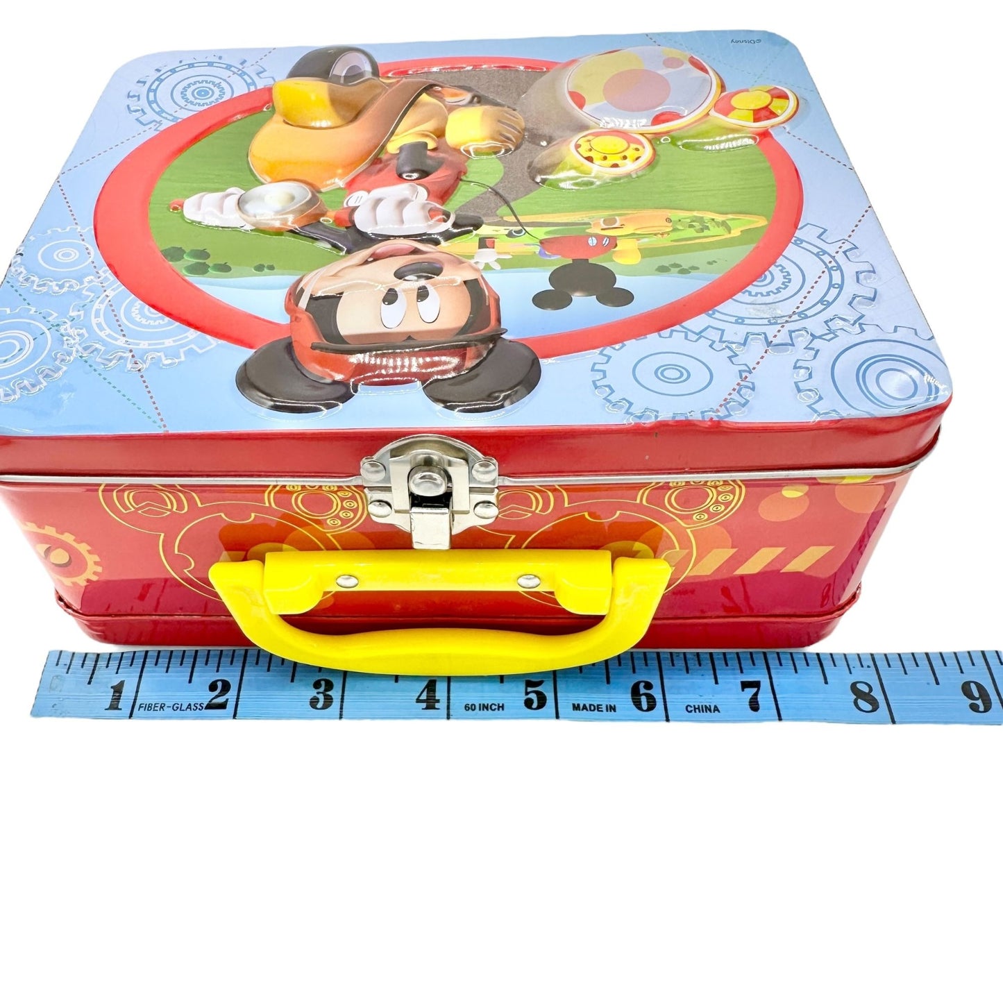 Mickey Mouse Metal Lunch Box Red Blue Yellow Plastic Handle 8x6x3 Scooter Disney