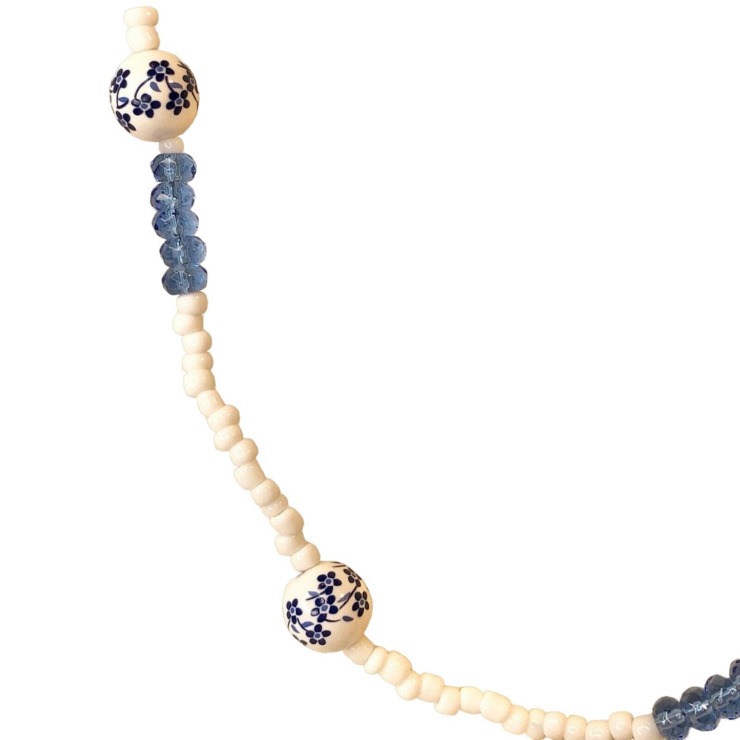 Handcrafted Beaded Necklace White & Blue Beads Floral Glass Ceramic Jewelry NEW