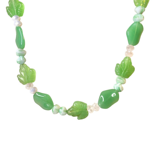 Handcrafted Beaded Necklace Green Beads with Leaves Spring White Jewelry NEW