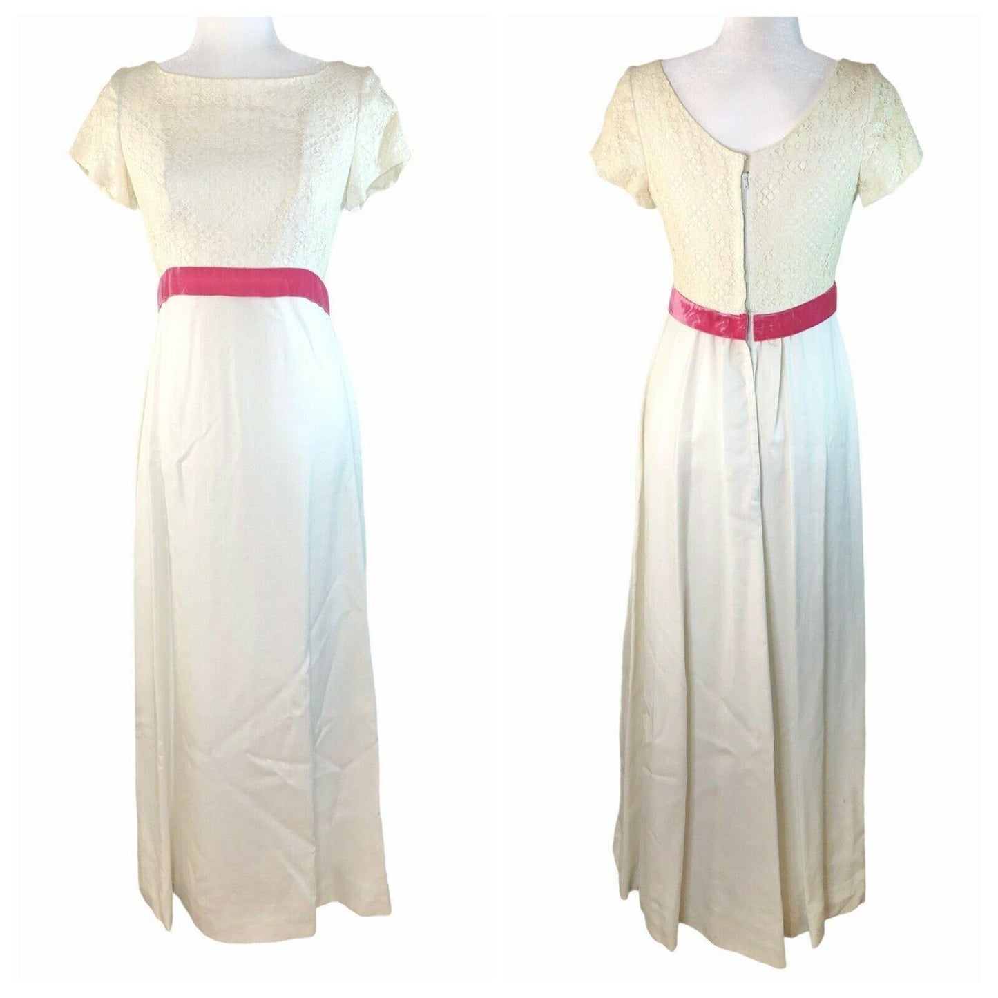 Vintage White Lace Maxi Dress Pink Velvet Waist Cap Sleeves Elegant Formal Wear