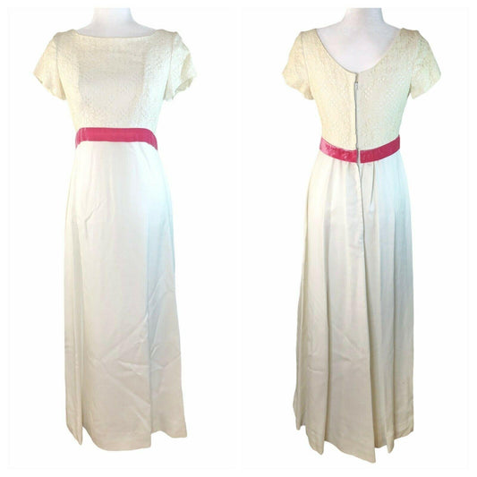 Vintage White Lace Maxi Dress Pink Velvet Waist Cap Sleeves Elegant Formal Wear