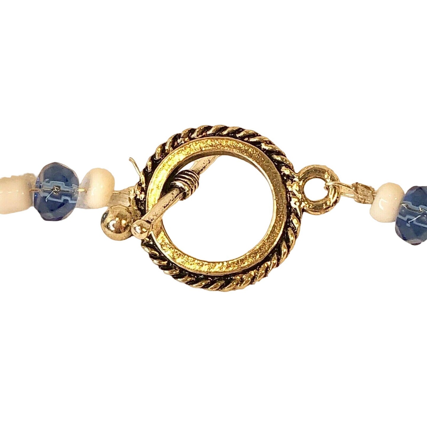 Handcrafted Beaded Necklace White & Blue Beads Floral Glass Ceramic Jewelry NEW