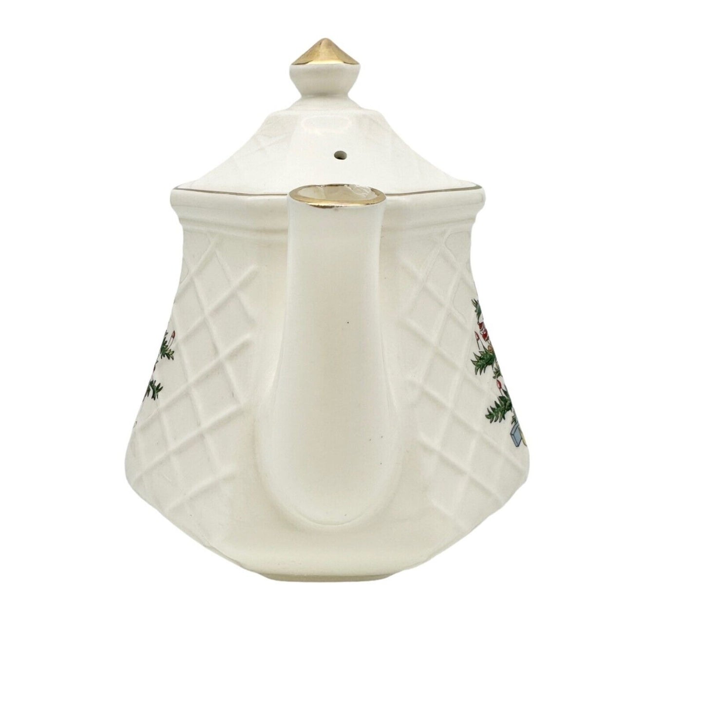 Christmas Tea Pot 6 inch Cream Gold Trim Tree Presents (small chip on spout)