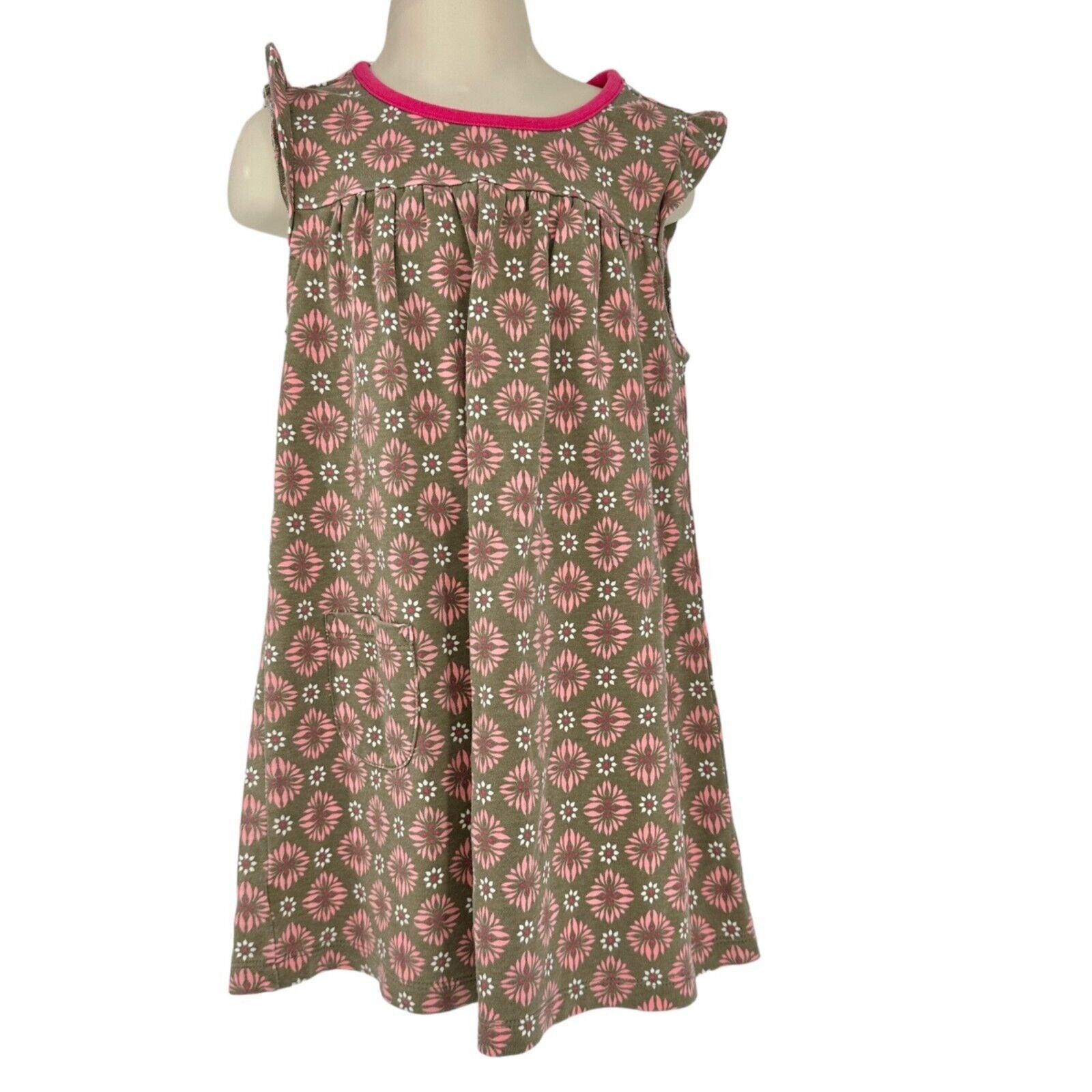 Tea Girls Size 6 Dress Cap Ruffle Cap Sleeve Olive Green with Pink White Design Tea Girls Size 6 Dress Cap Ruffle Cap Sleeve Olive Green with Pink White Design