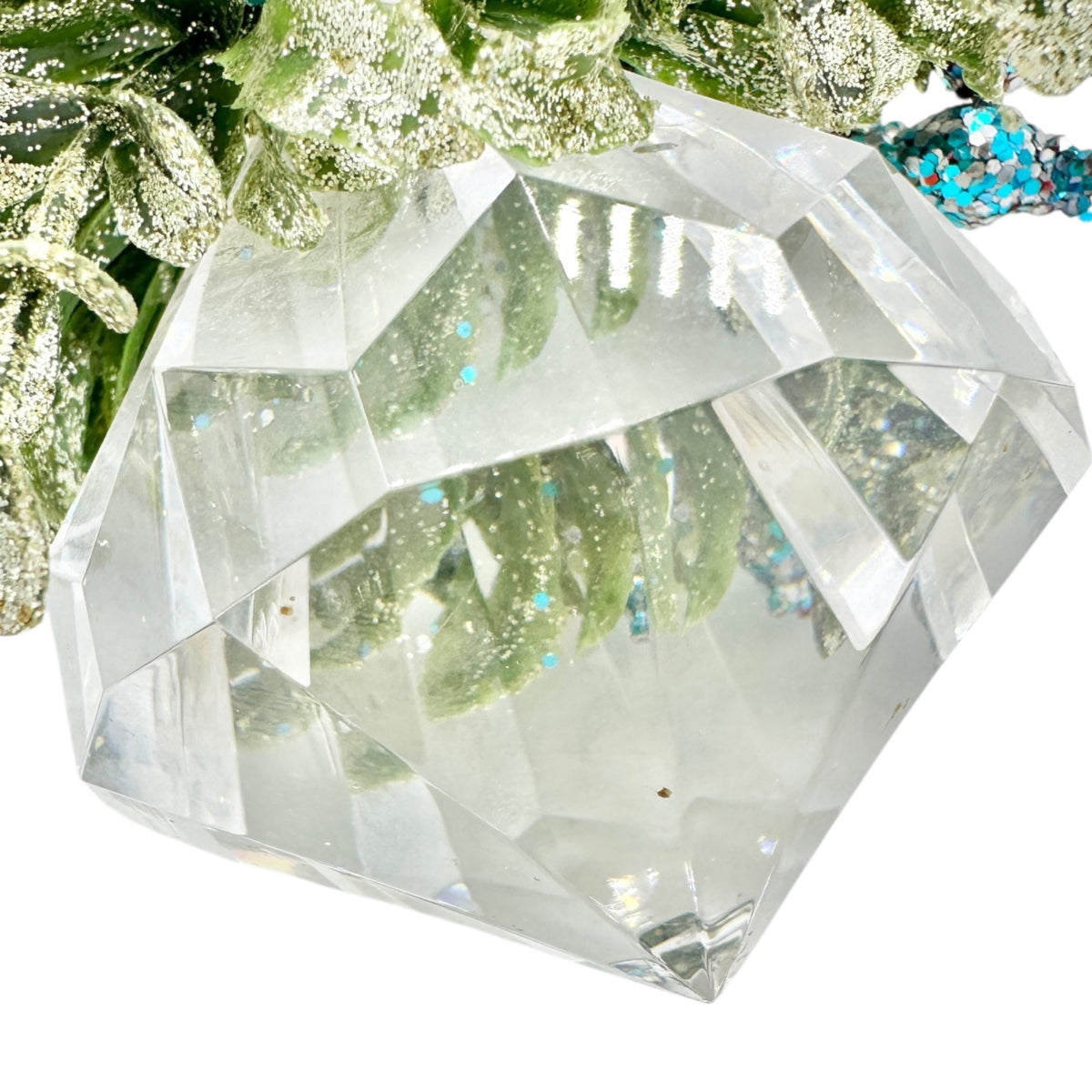 Crystal Prism Diamond Shaped Ornament With Glitter Leaves Blue Accents 6 inches