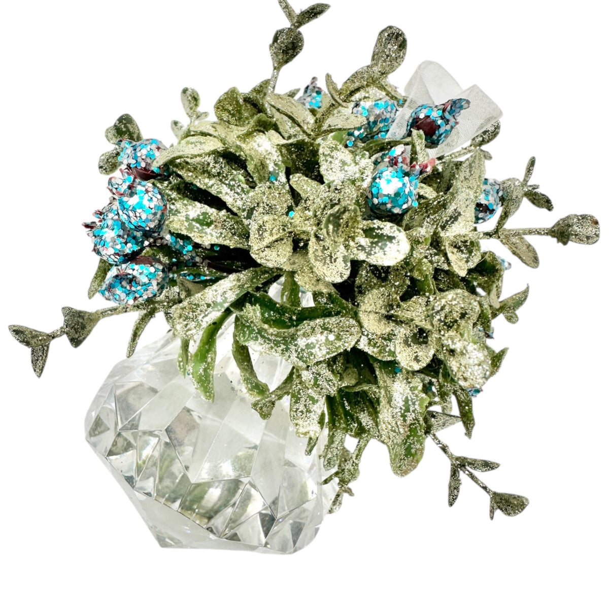 Crystal Prism Diamond Shaped Ornament With Glitter Leaves Blue Accents 6 inches
