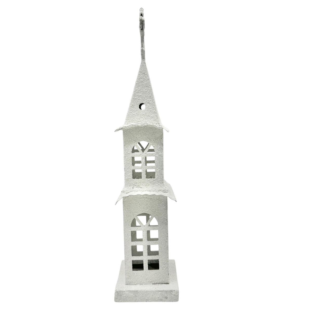 White Metal Church Steeple with Cross Window Cutouts Home Decor Or Candle Holder