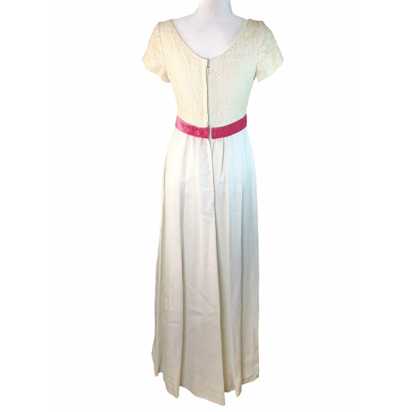 Vintage White Lace Maxi Dress Pink Velvet Waist Cap Sleeves Elegant Formal Wear