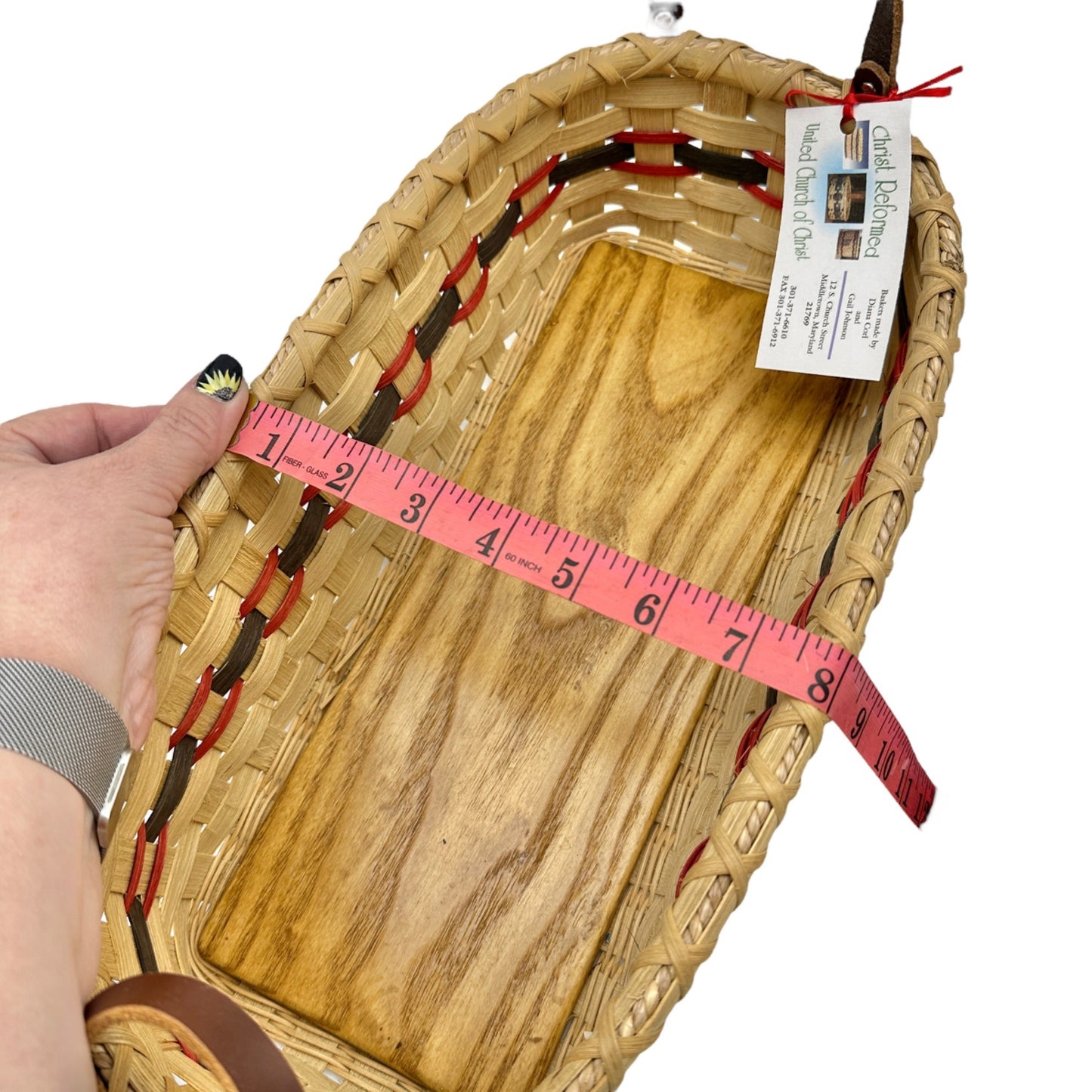 Handmade Basket Bread Basket Red and Green Accent Leather Handles Wood Base