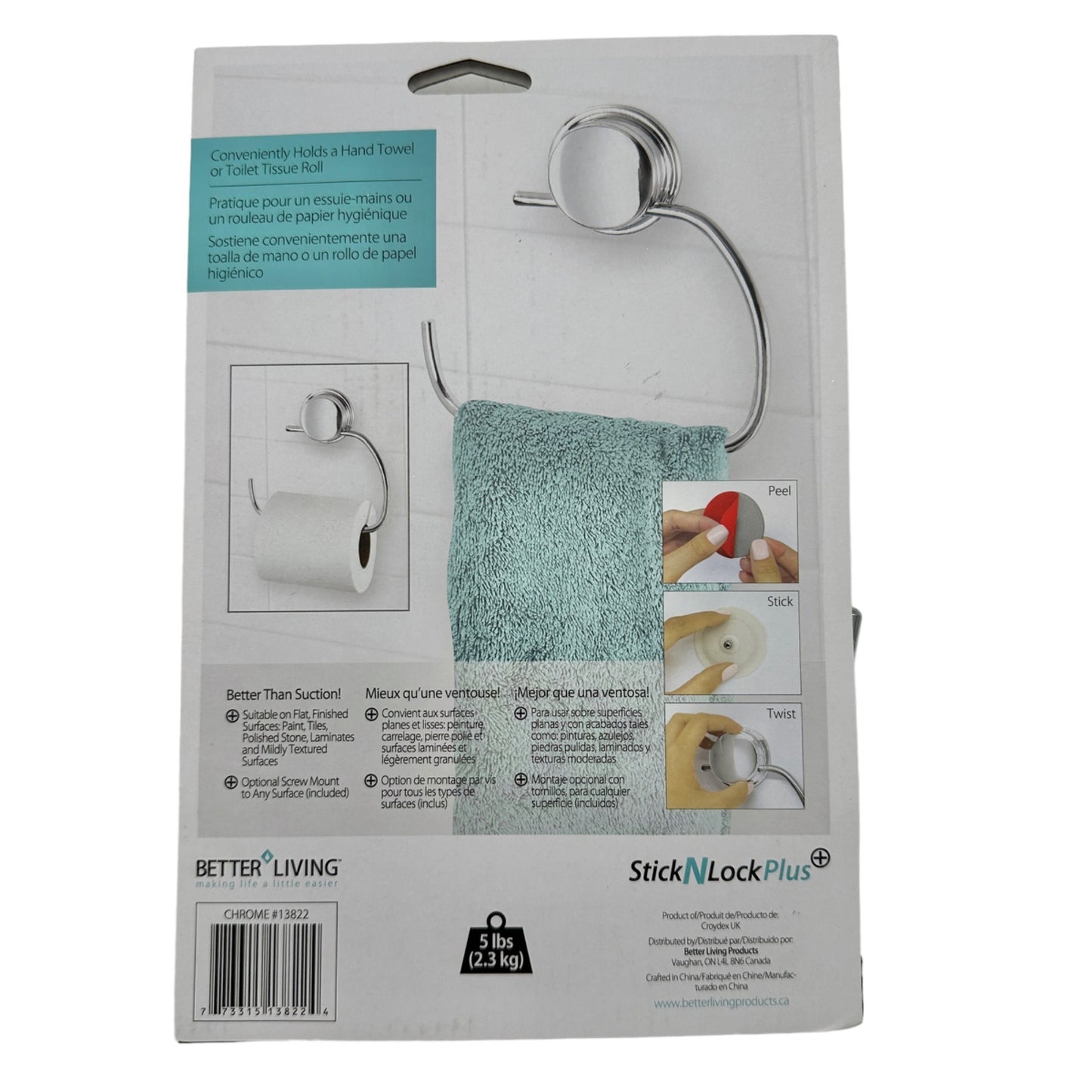 Better Living Kroma Toilet Roll or Towel Holder Stick N Lock Plus NIP
