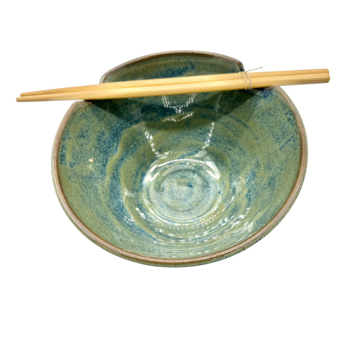 Set Of 2 Handmade Ceramic Rice Bowls With Chopsticks 7 Inch Green Blue Glaze