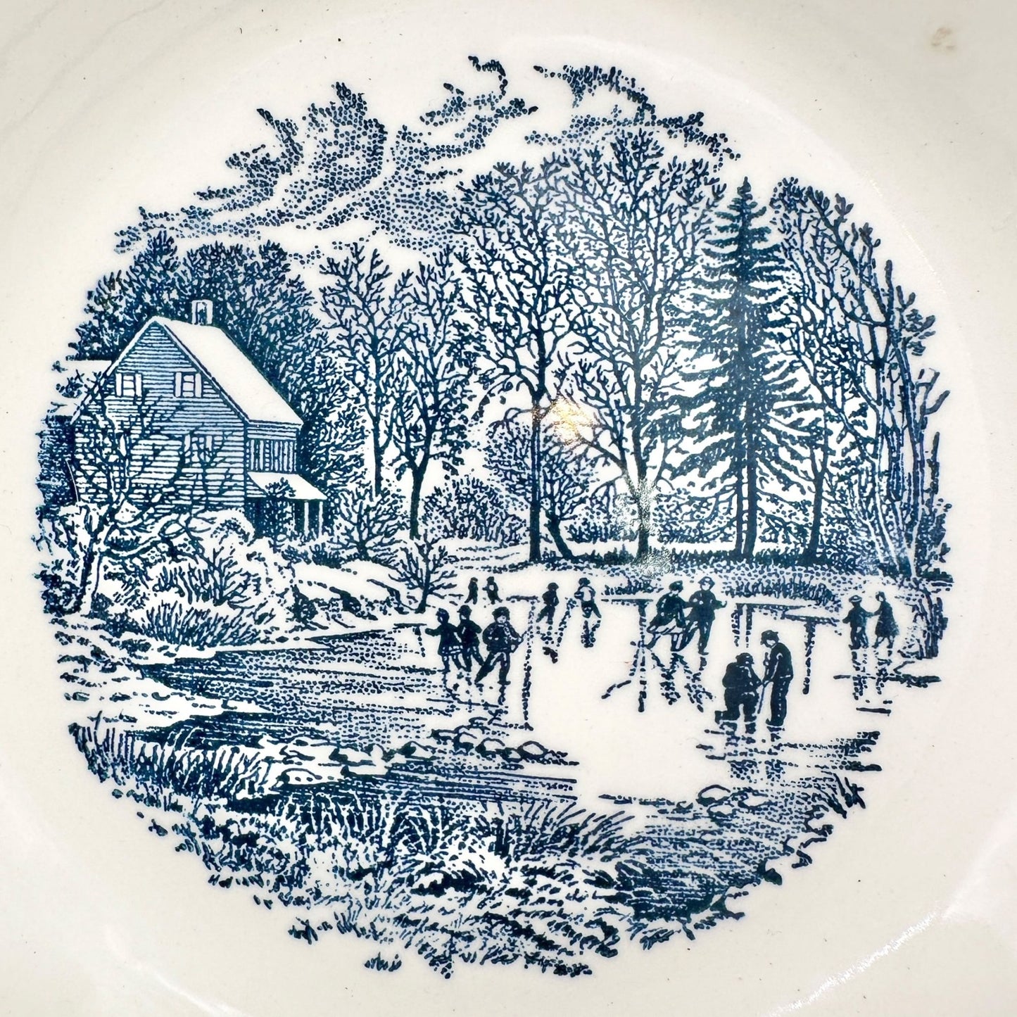 Currier and Ives Early Winter Royal Dinner Bowl 8 inch Blue White Underglaze USA
