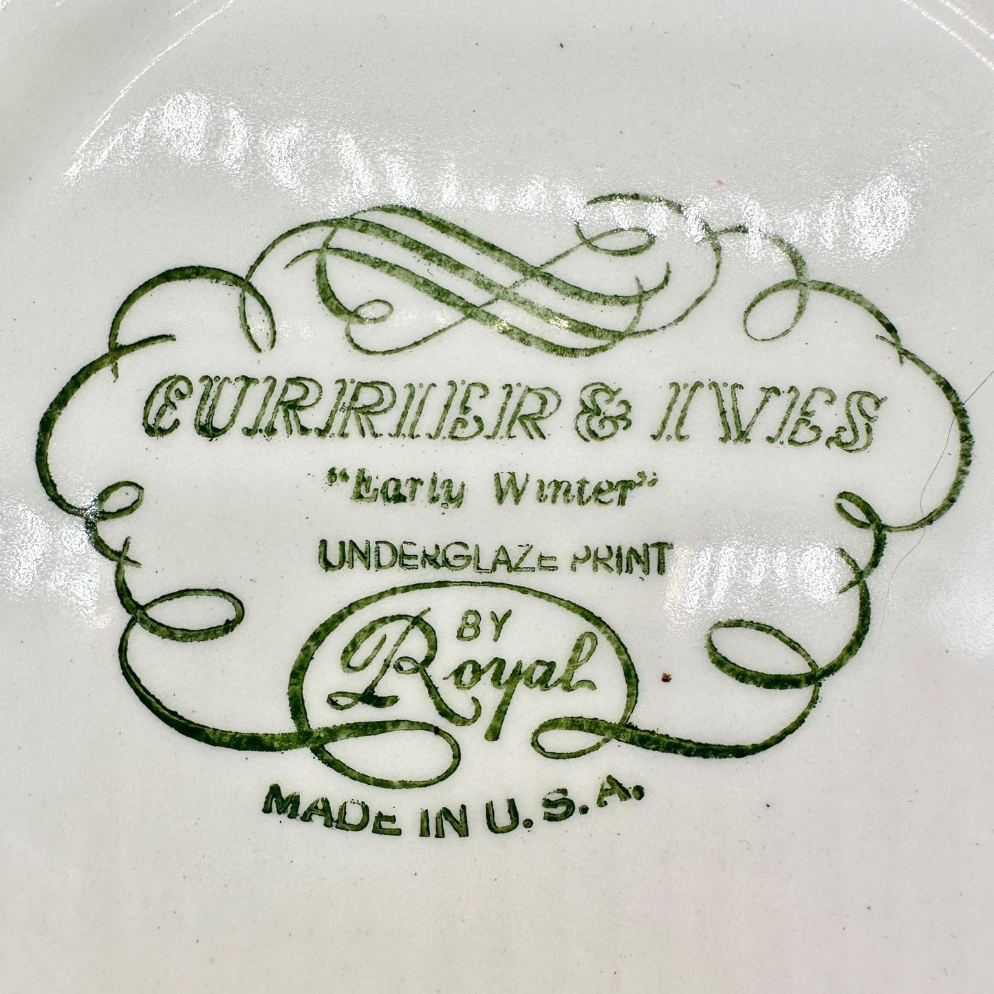 Currier and Ives Early Winter Royal Dinner Bowl 8 inch Blue White Underglaze USA
