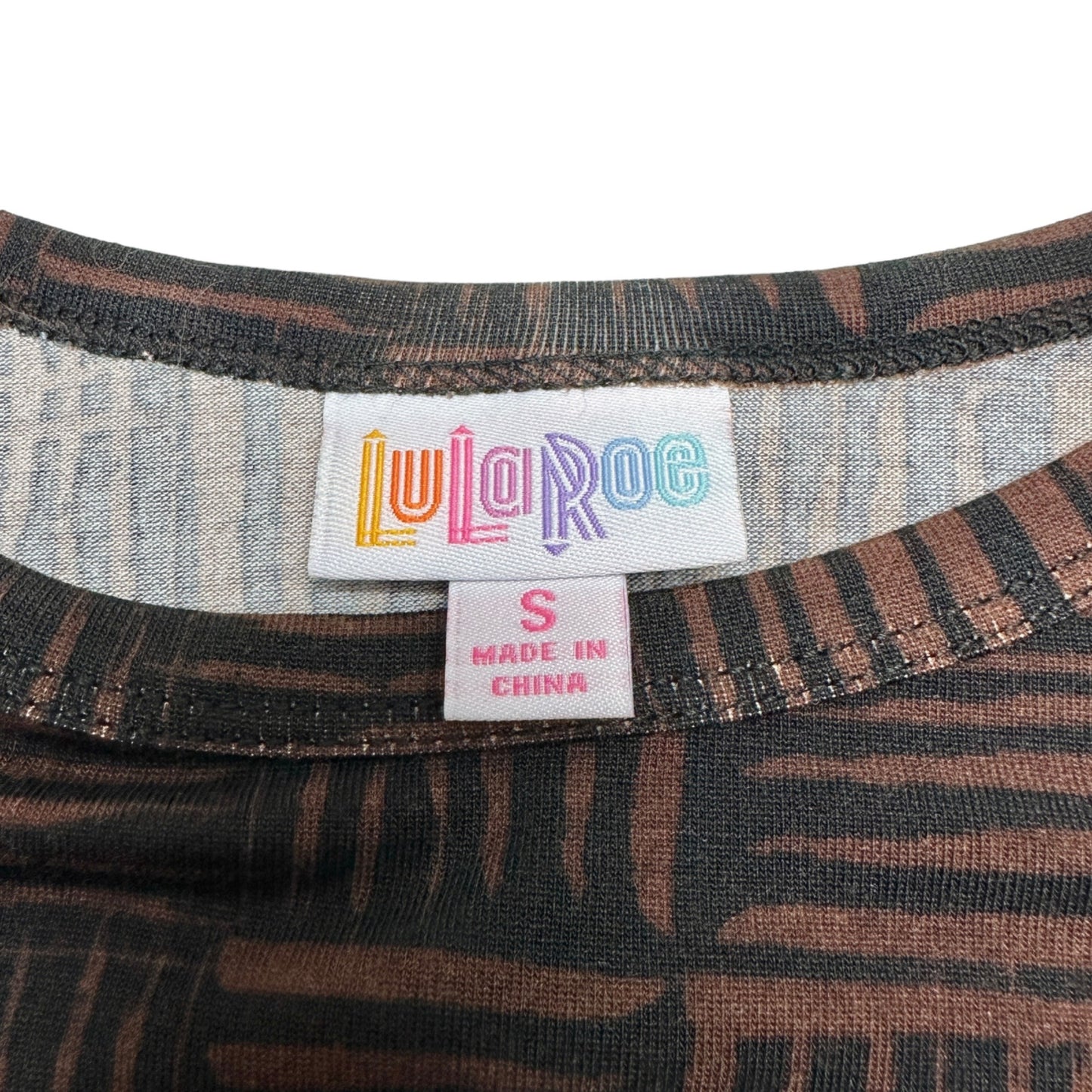 LuLaRoe Retired Carly Dress S Black Brown Print SS Hi-Low Hem NWT