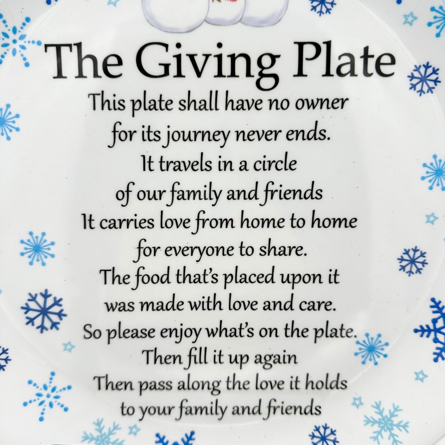 The Giving Plate 12" Round Snowy Snowman Design Melamine Dishwasher Safe Not Microwave Safe