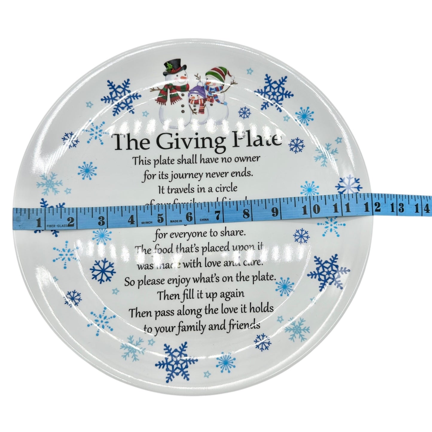 The Giving Plate 12" Round Snowy Snowman Design Melamine Dishwasher Safe Not Microwave Safe