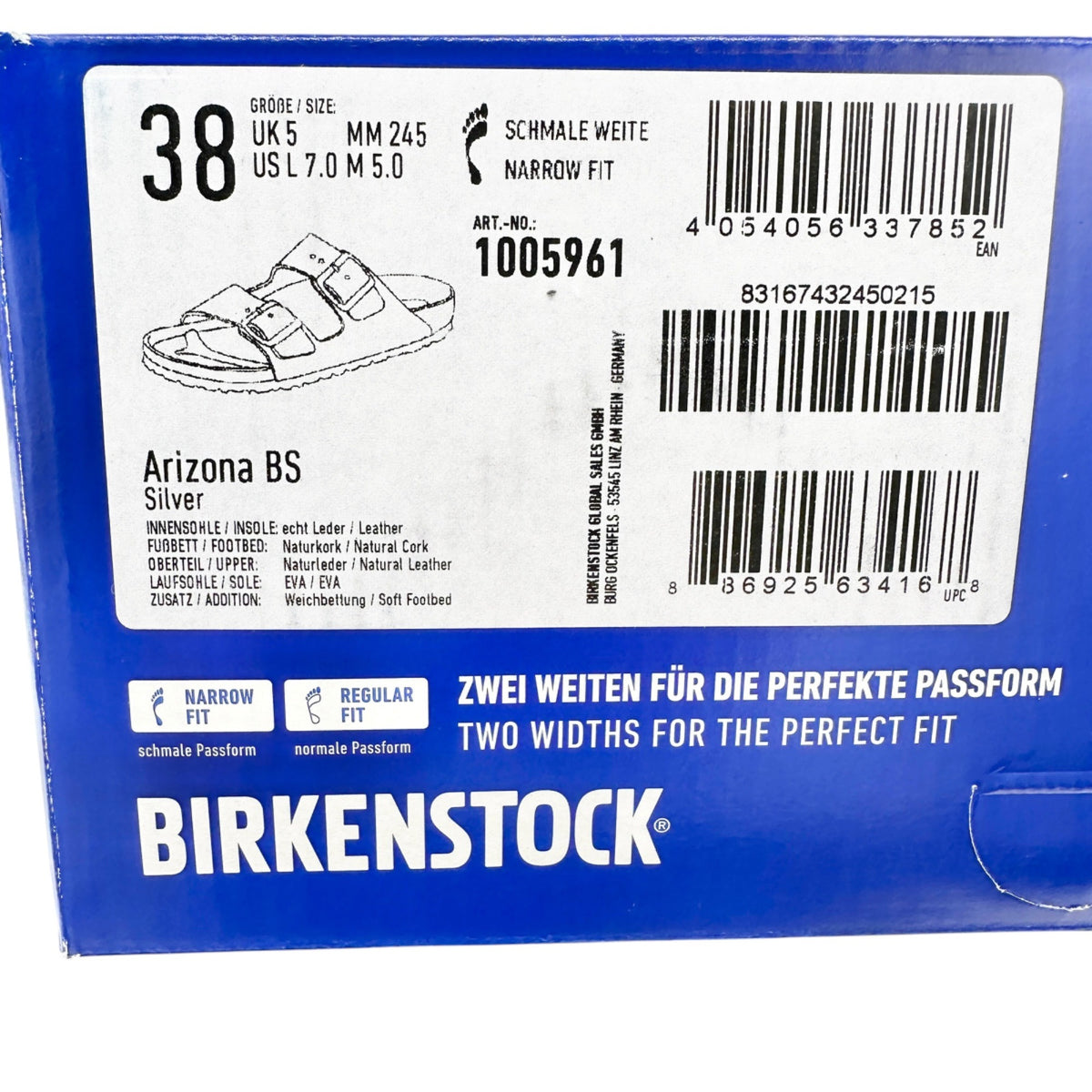 Birkenstock Arizona BS Silver Womens Sandals Size 38 Narrow Fit Soft Footbed 7US
