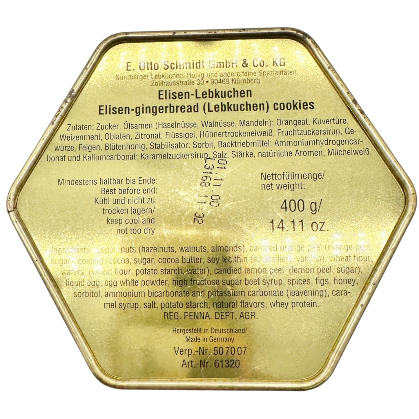 Vtg Elisen-Lebkuchen Gingerbread Tin Box 400g Hexagonal Design E. Otto Schmidt