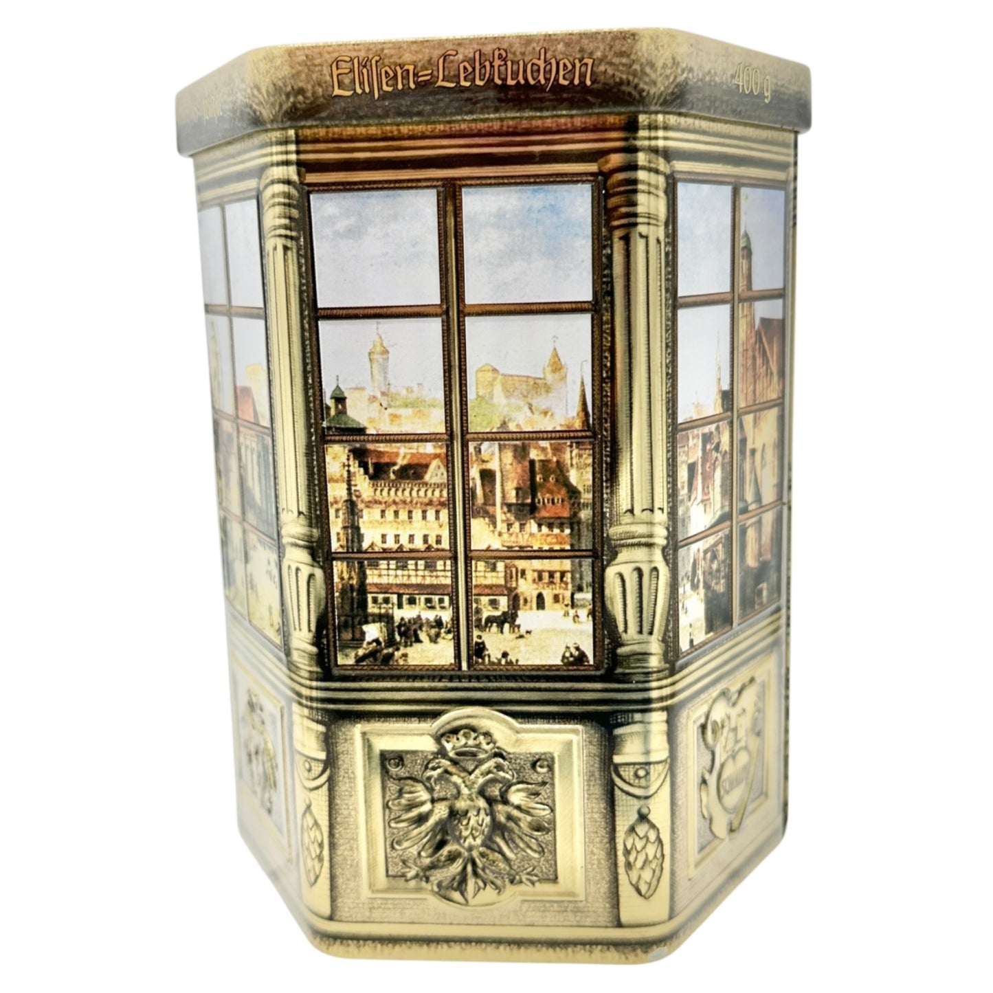 Vtg Elisen-Lebkuchen Gingerbread Tin Box 400g Hexagonal Design E. Otto Schmidt