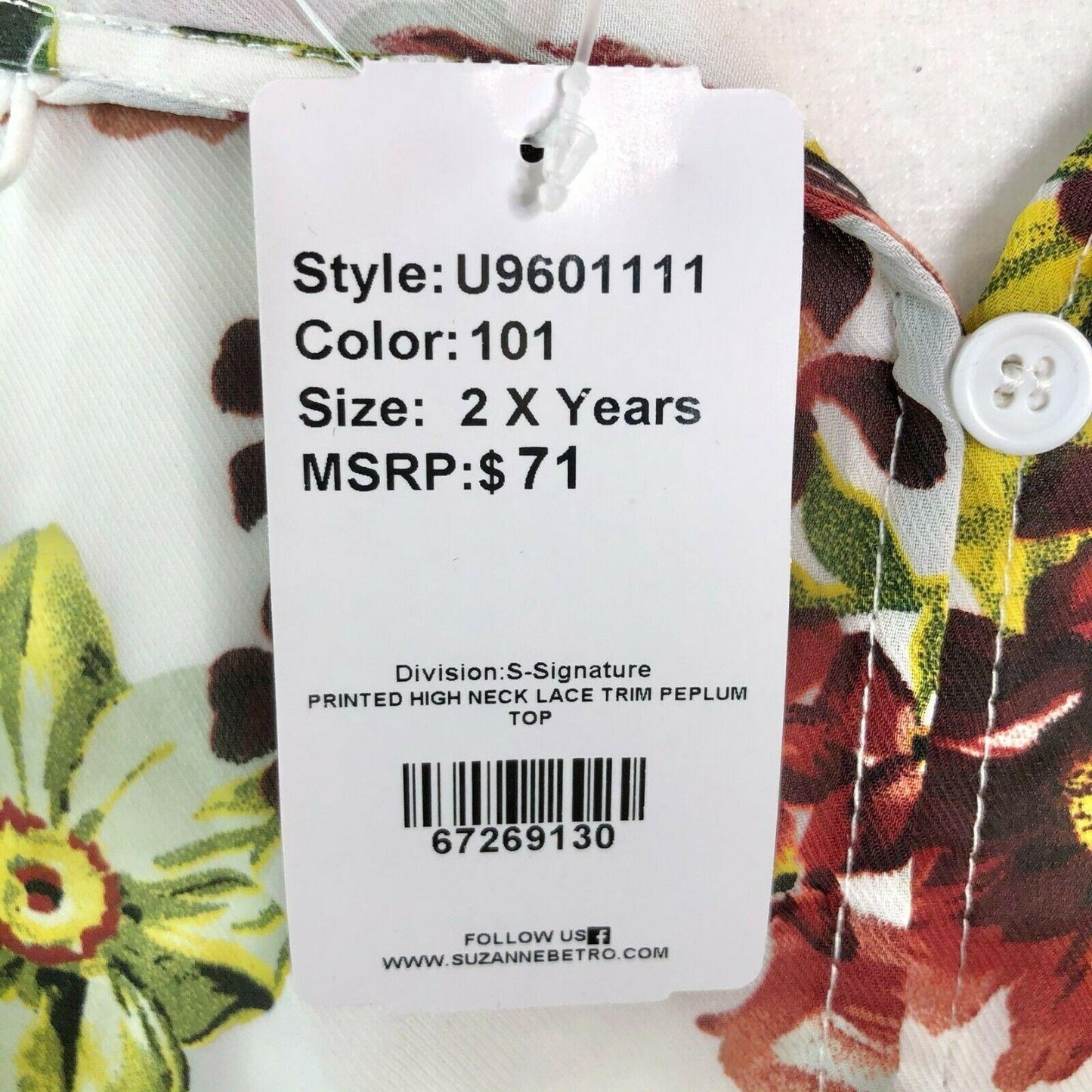 Suzanne Betro 2X Floral High Neck Lace Trim Peplum Top Red White LS NWT