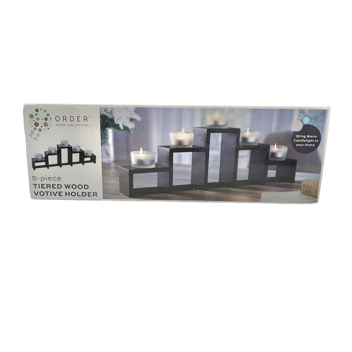 Order Home Collection 5 pc Tiered Wood Glass Votive Holder with Candles NIB