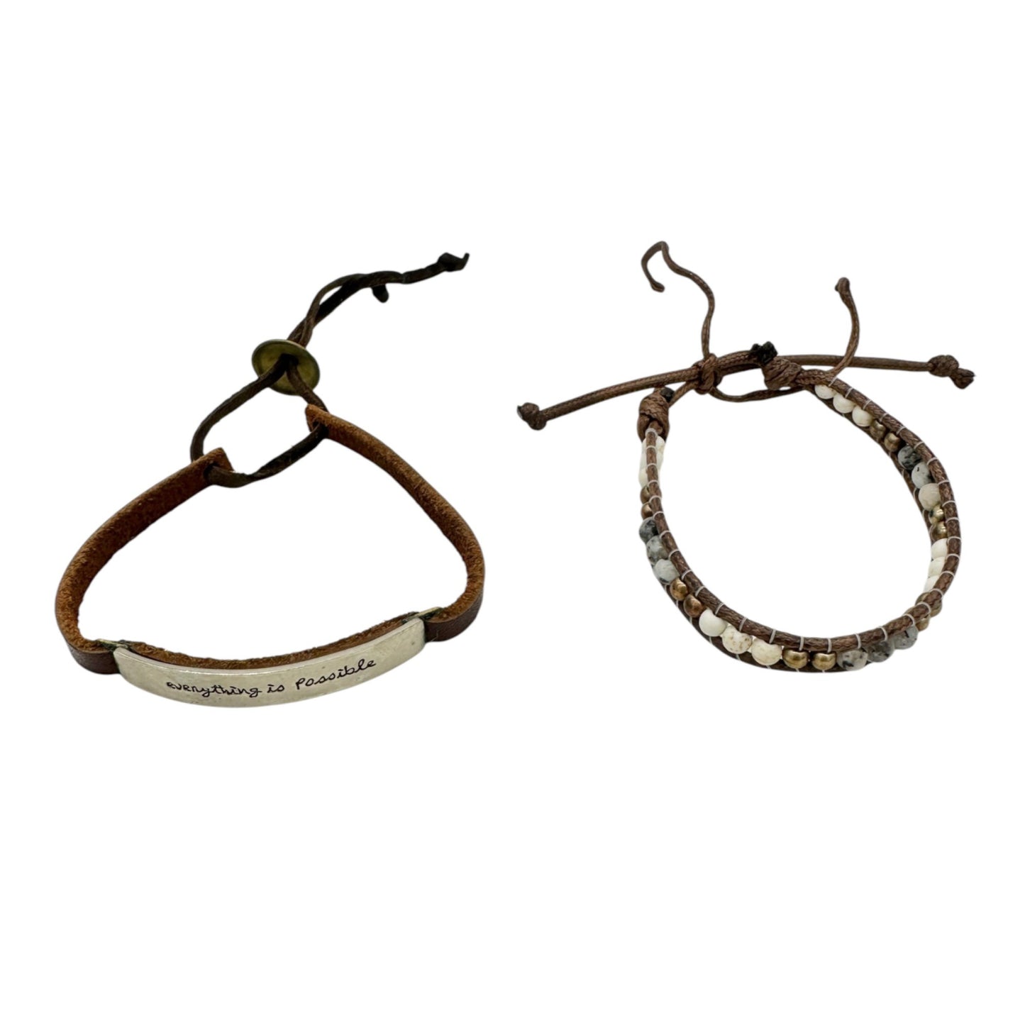 2 Bracelets Everything is Possible Leather Brown Rope Beaded Adjustable Strings