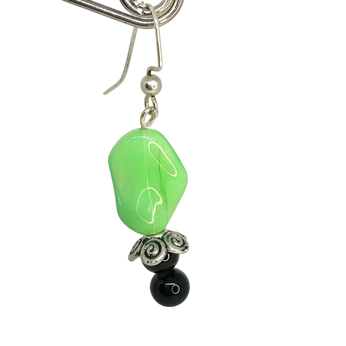 Handcrafted Green And Black Beaded Dangle Earrings With Silver-Tone Accents