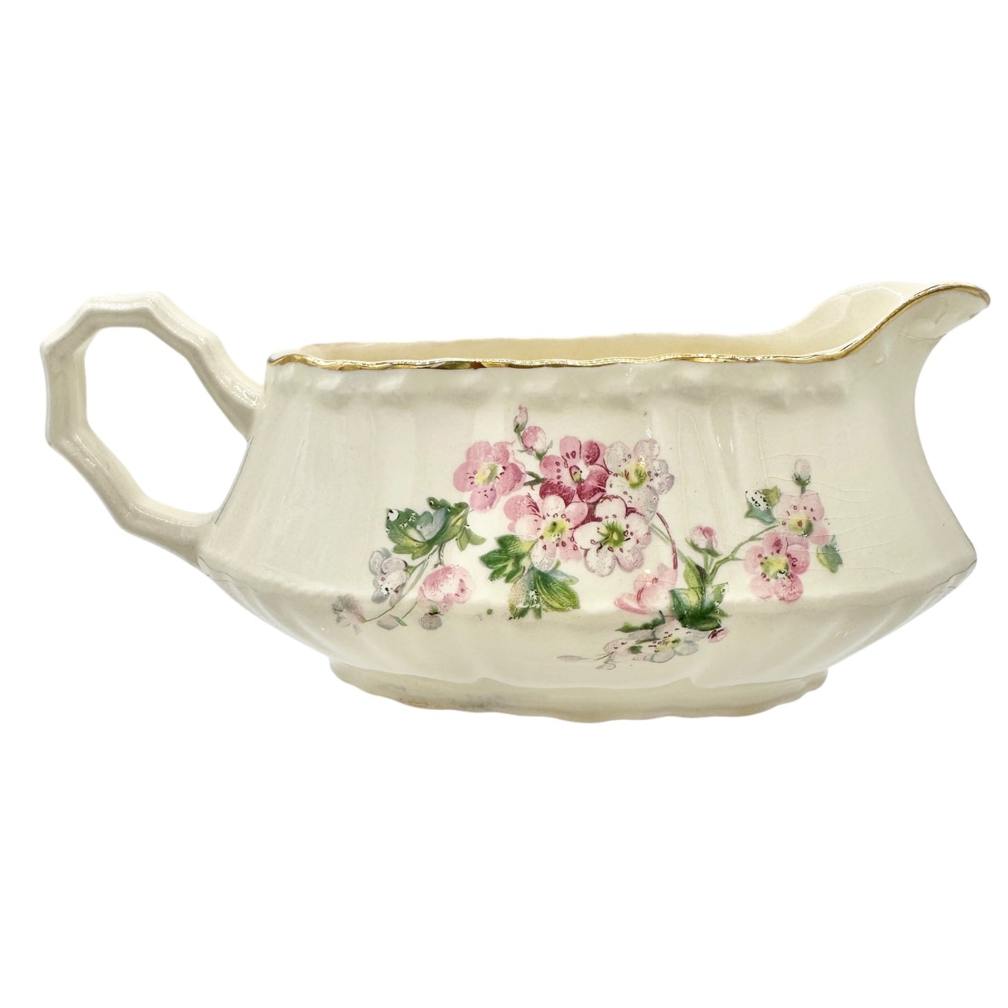 Vintage Crooksville China Co Floral Creamer Gravy Boat Made In USA Ecru Pink