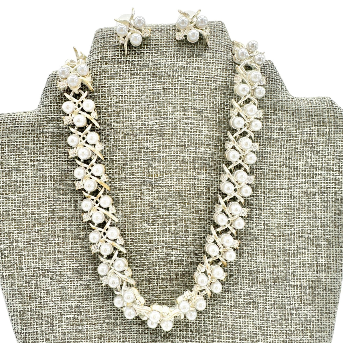 Vintage Rhinestone Faux Pearl Necklace and Earring Set Silvertone & 2" Extender