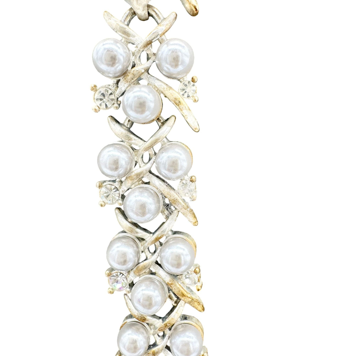 Vintage Rhinestone Faux Pearl Necklace and Earring Set Silvertone & 2" Extender