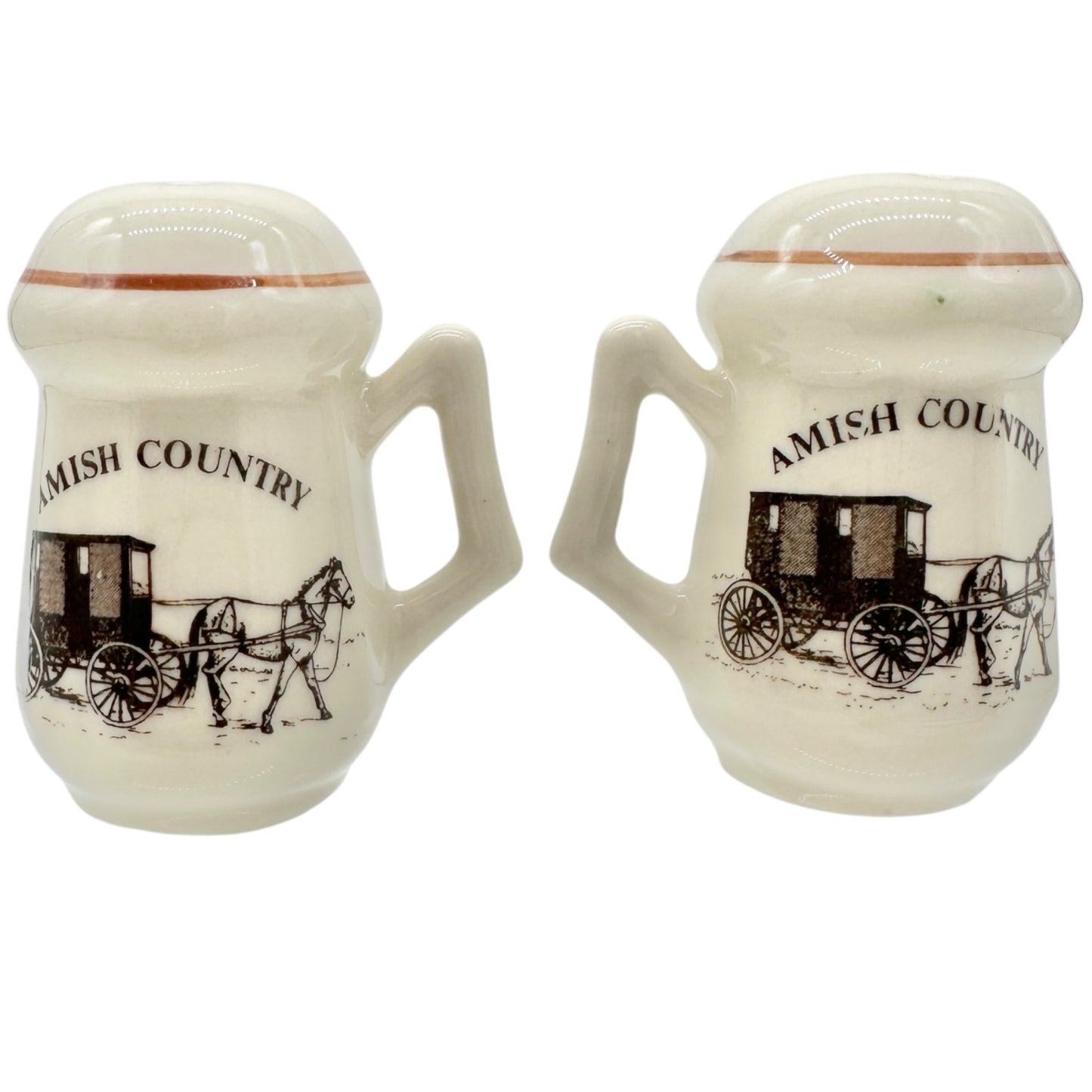 Vtg Amish Country Mug-Style Salt and Pepper Shakers Horse-Drawn Carriage Lipco