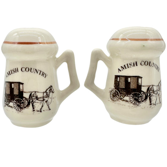 Vtg Amish Country Mug-Style Salt and Pepper Shakers Horse-Drawn Carriage Lipco